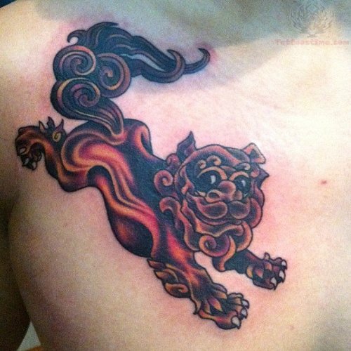 Foo Dog Flaming Tattoo On Chest